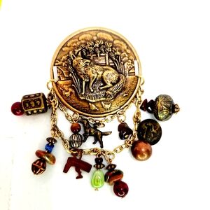 Vintage Fox Wolf Charm Brooch with Gold and Brown Accents